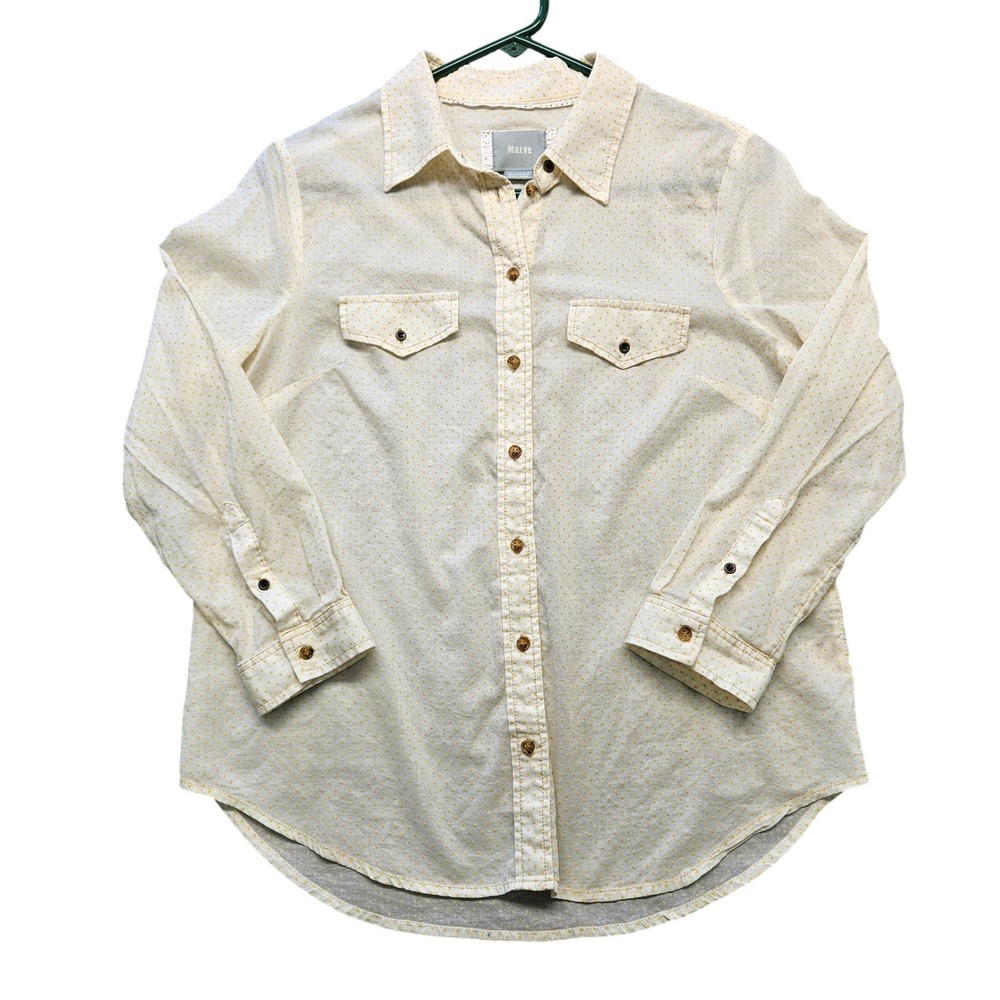 Maeve Anthropologie White Yellow Polka Dot Cotton Button Down Shirt Womens 8